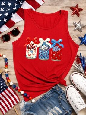 Gildan Red Tank Top with Patriotic Dr Pepper Can Trio Graphic